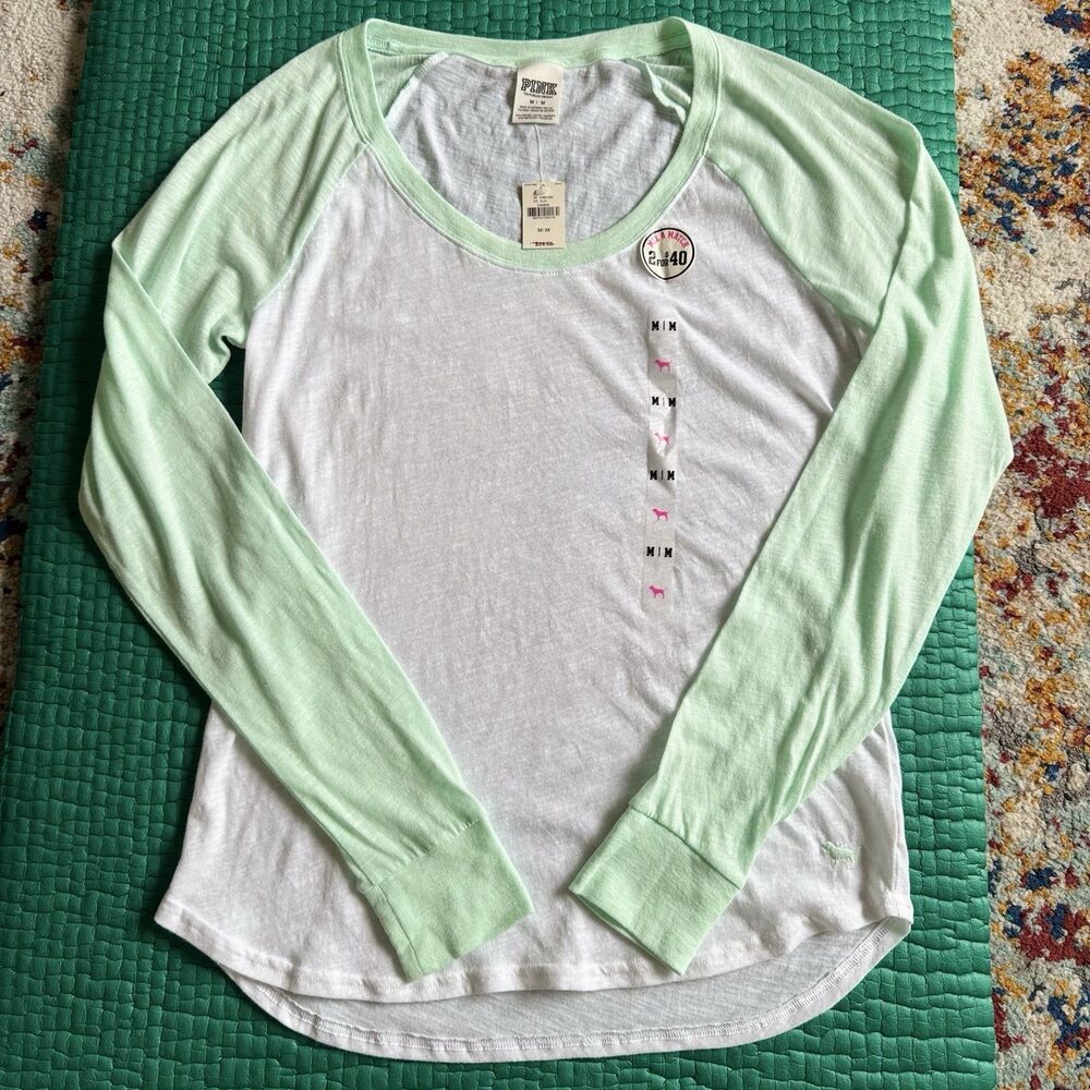 NEW Vintage PINK Victoria's Secret Baseball Tee M White Mint Green NWT Soft Y2K